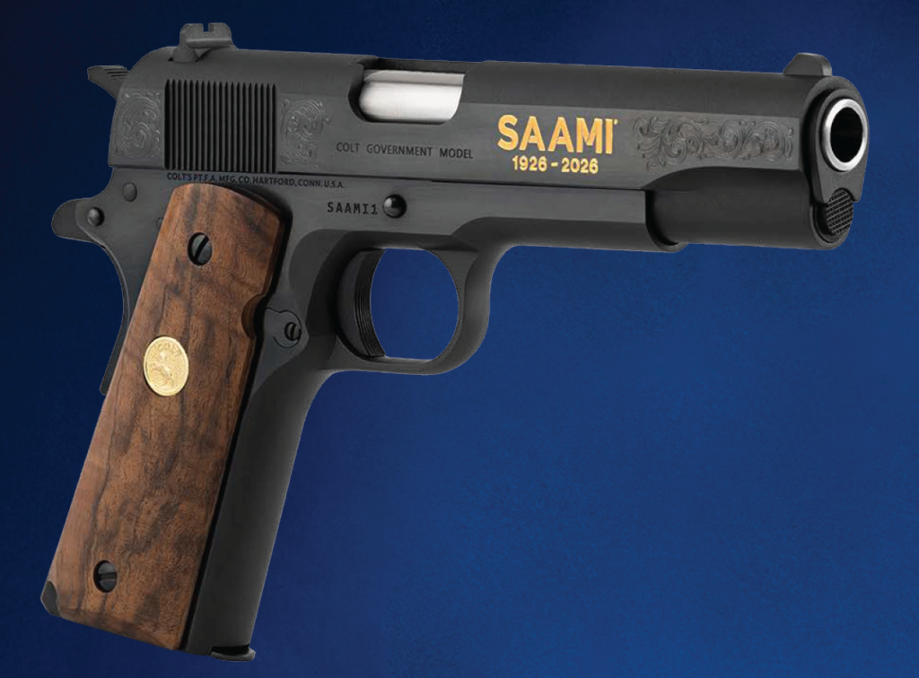 A one-of-a-kind Colt Government Model 1911 featuring serial number SAAMI1, custom engraved "SAAMI 1926–2026" to commemorate the organization's centennial milestone. 