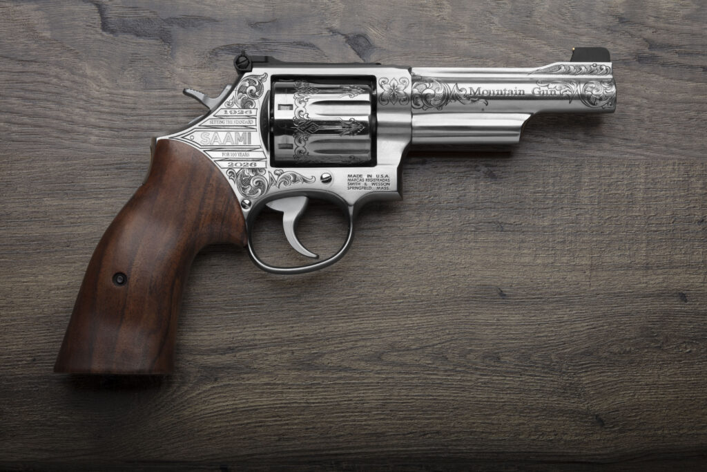PHOTO CAPTION: A one-of-a-kind Smith & Wesson Model 629 Mountain Gun, custom engraved "SAAMI 1926–2026 SETTING THE STANDARD FOR 100 YEARS" to honor the centennial milestone.